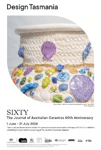 a close up shot of a ceramic urn with purple, blue, green and pink decorations. The caption reads SIXTY: The Journal of Australian Ceramics 60th Anniversary