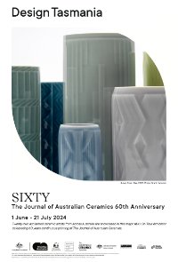 a close up of ceramic column vases in bluees, greys and greens. The caption reads SIXTY: The Journal of Australian Ceramics 60th Anniversary