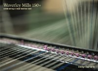 the warp and weft of a weaving machine used by Waverley Mills, with the words Waverley Mills 150+ celebrating a local textiles icon