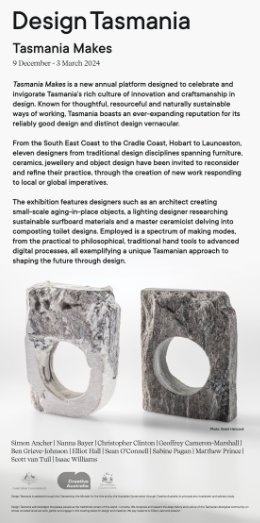 A long thin poster design featuring two stone rings - the words Design Tasmania, Tasmania Makes form part of the lengthy chunk of text.