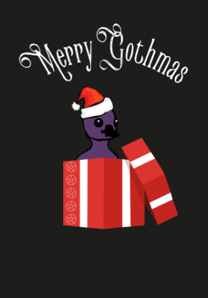 a purple gosling sitting inside a red giftbox, the top of the box is leaned against the main body. The words Merry Gothmas are inscribed across the top.