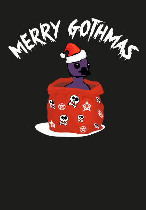 a purple gosling sitting inside a red santa sack decorated with comical skulls and pentagrams with the words Merry Gothmas across the top